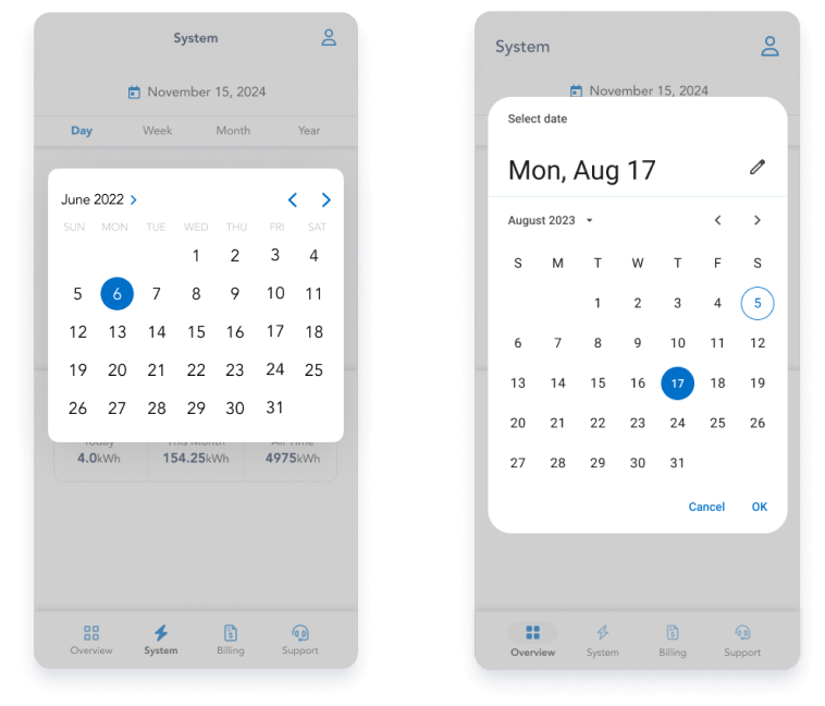 two snapshots of the same design. One uses a native ios date selector and the other android