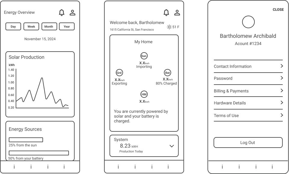 low-fi wireframes showing key app features