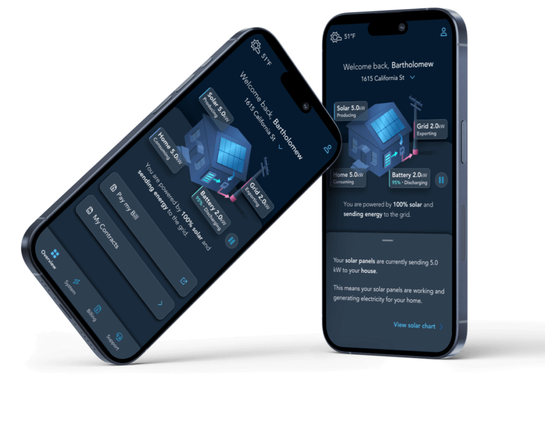 Two snapshots of home screen shwoing animated graphic and buttons to pay bill and view contracts