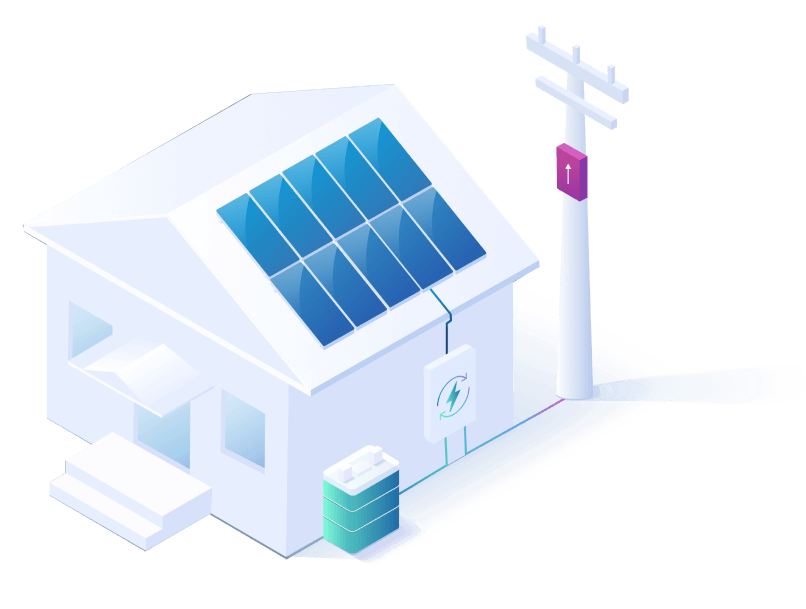 isometric graphic of house with solarpanels, inverter, battery, and grid