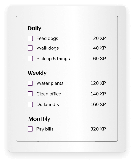 Chore list showing daily, weekly, and monthly chores