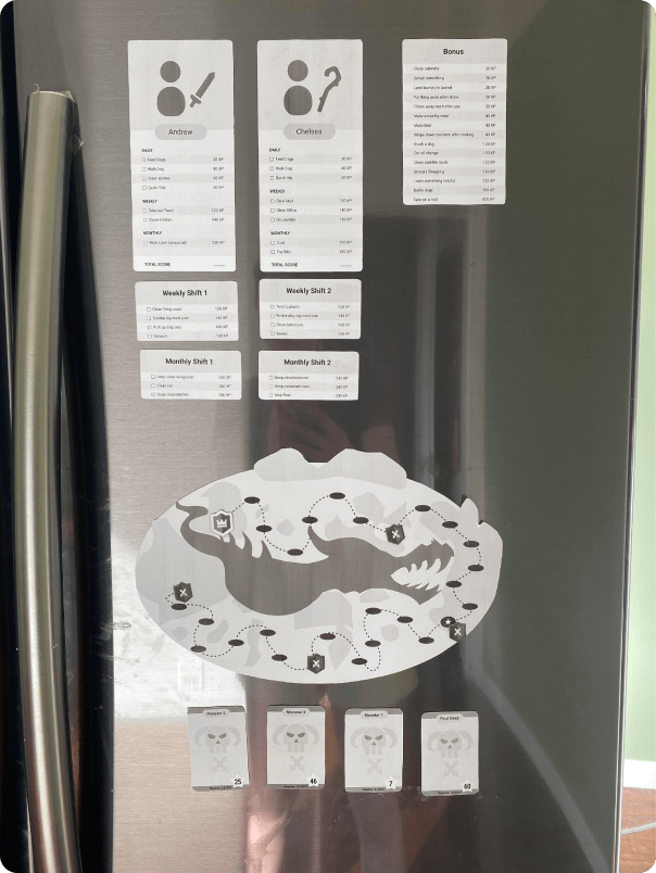 wireframe images taped to our refridgerator