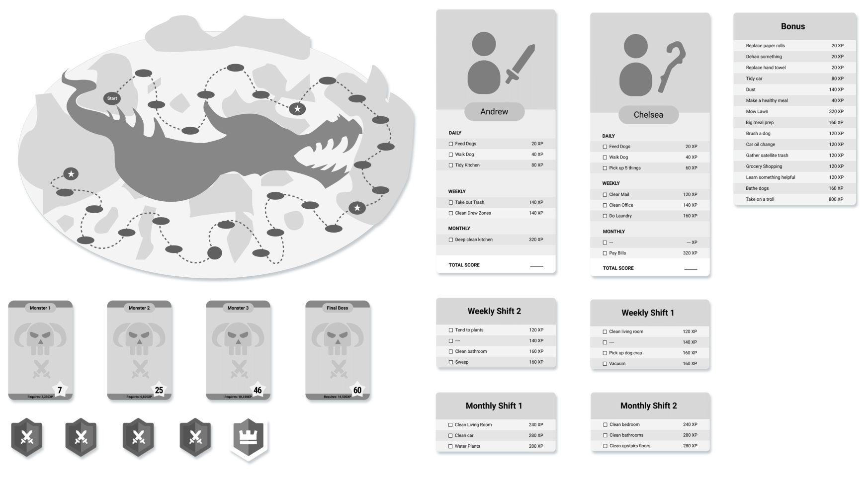 hi-fidelity wireframes showcasing key game features