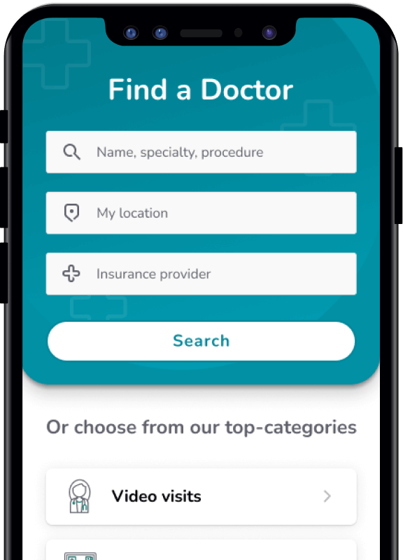 Home screen showing four destinct search fields: name, location, and insurance provider. 