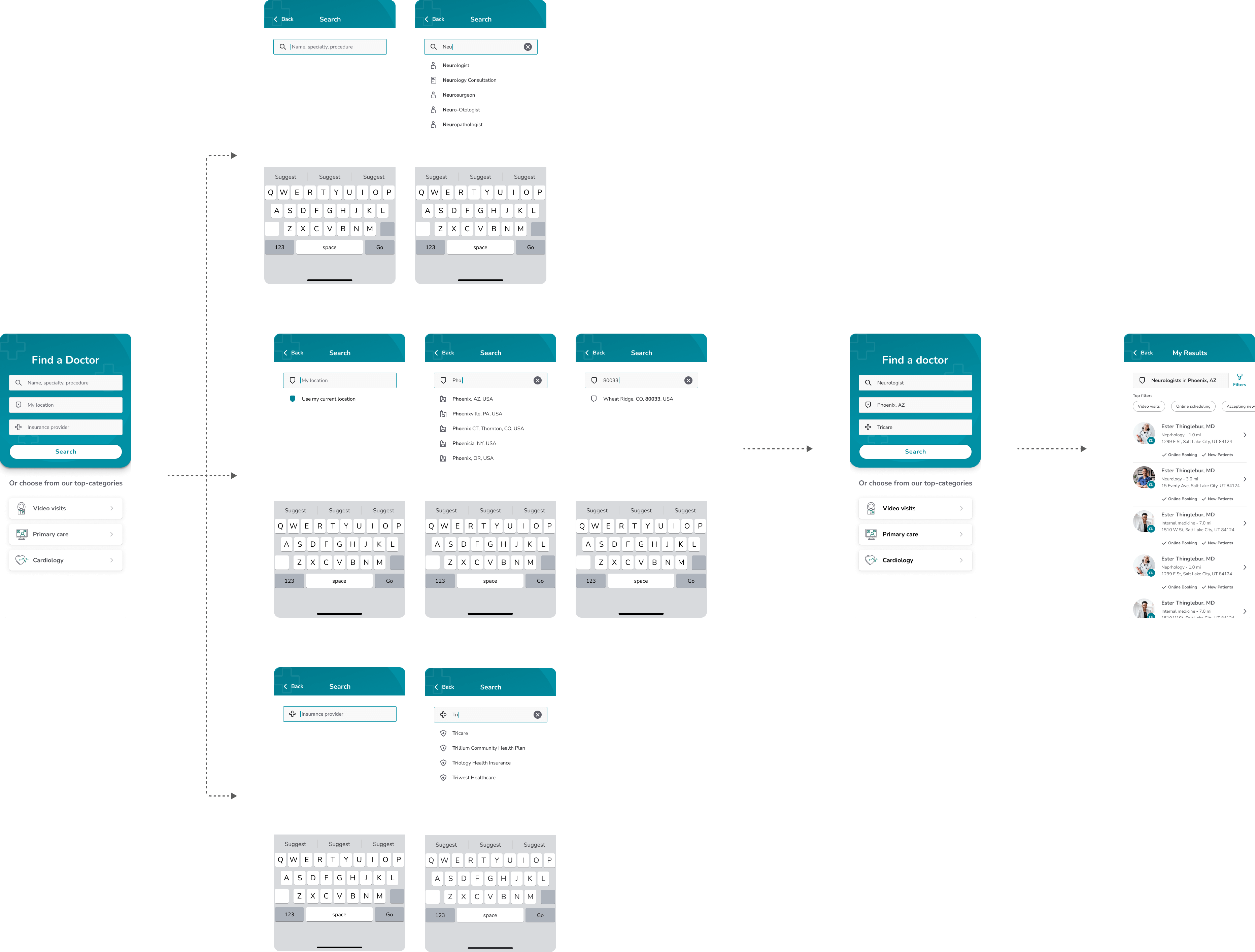 From the home screen, user fills in name of provider, address, and insurance. Final results shows all relevent providers