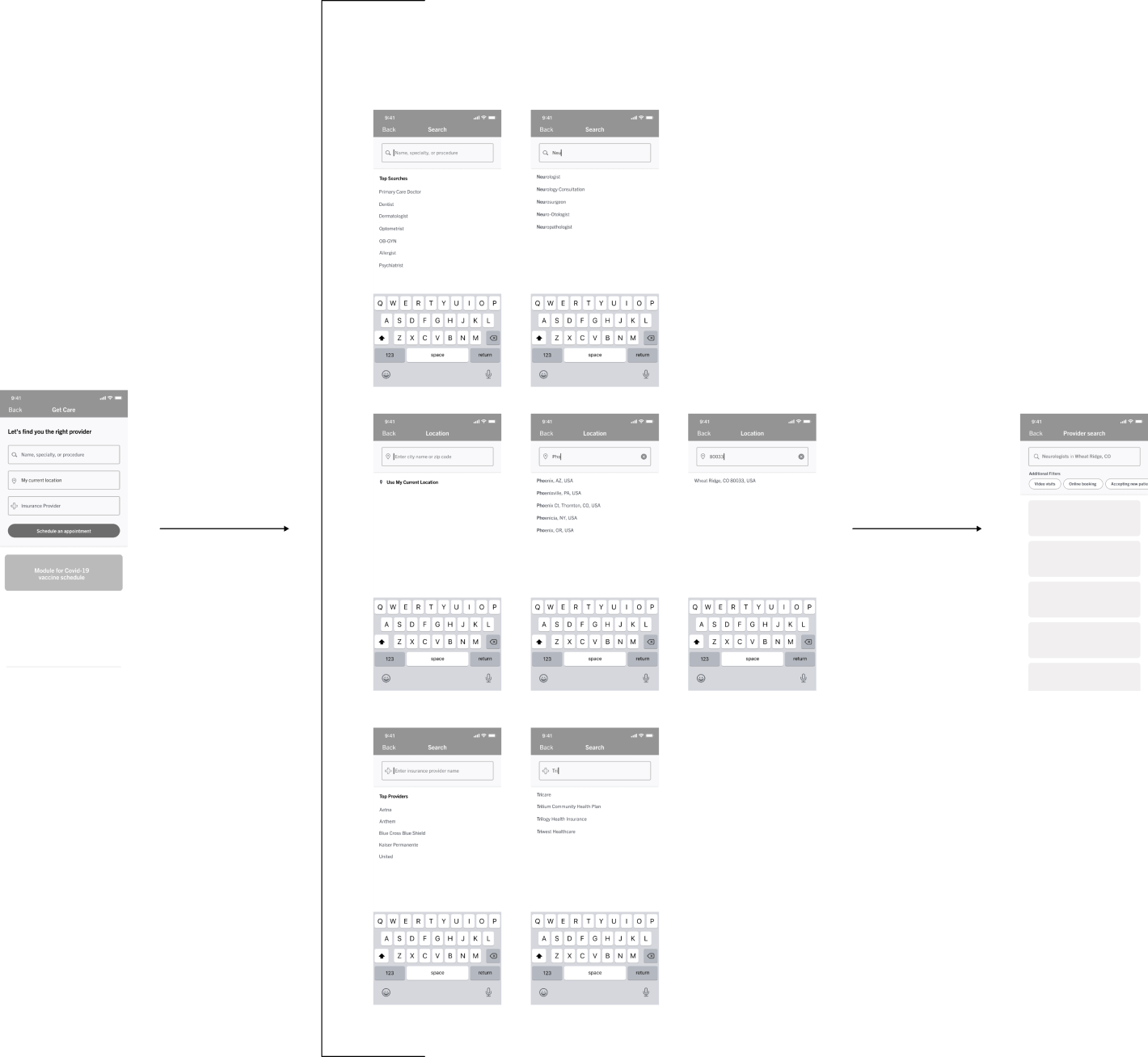 high-fi wireframes depecting feature flow