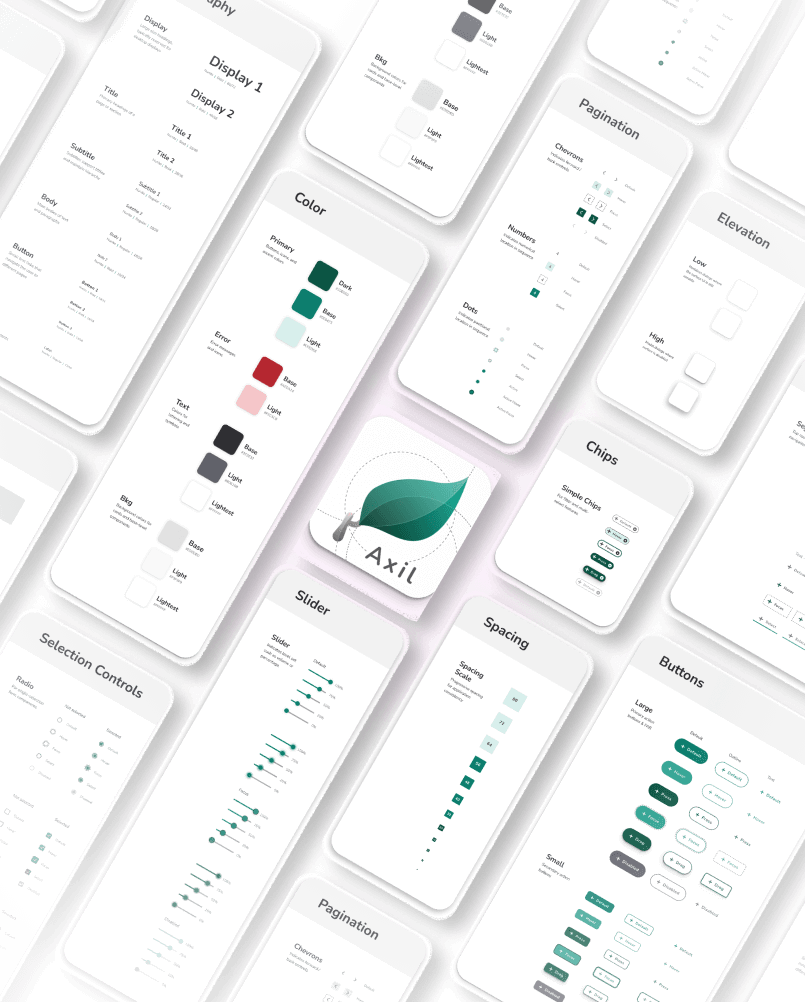 Components of design system including logo, colors, fonts, and components