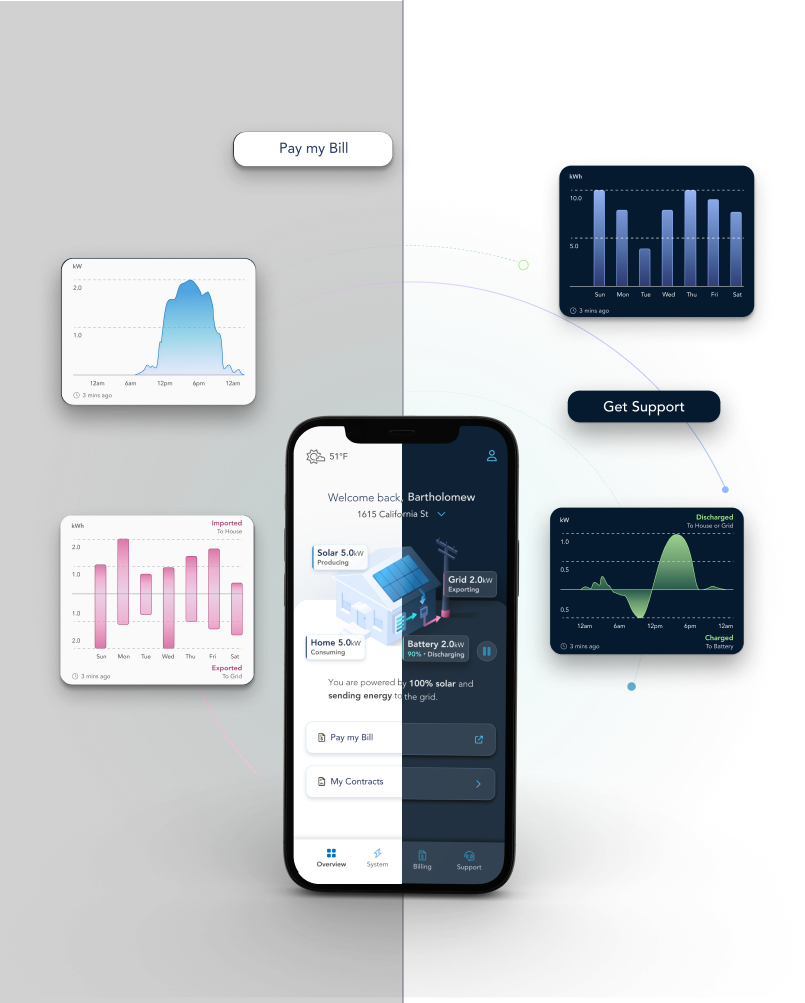 mobile application with light and dark mode depecting colorful data charts