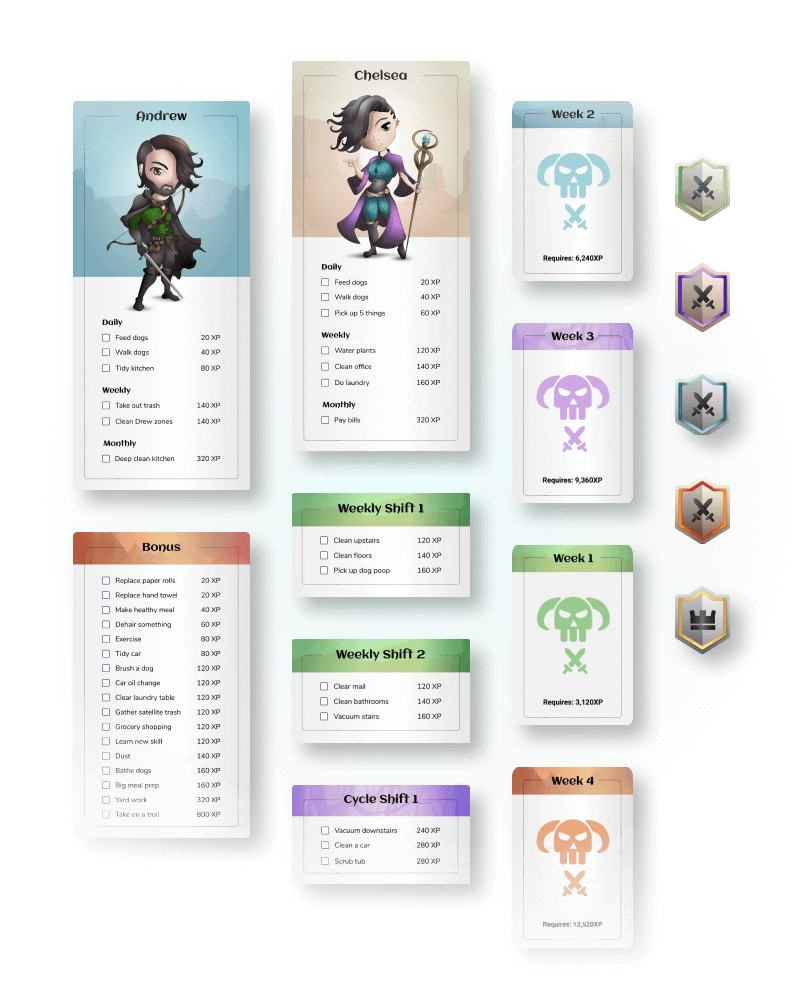 Colorful game cards showcasing dnd-inspired chore game